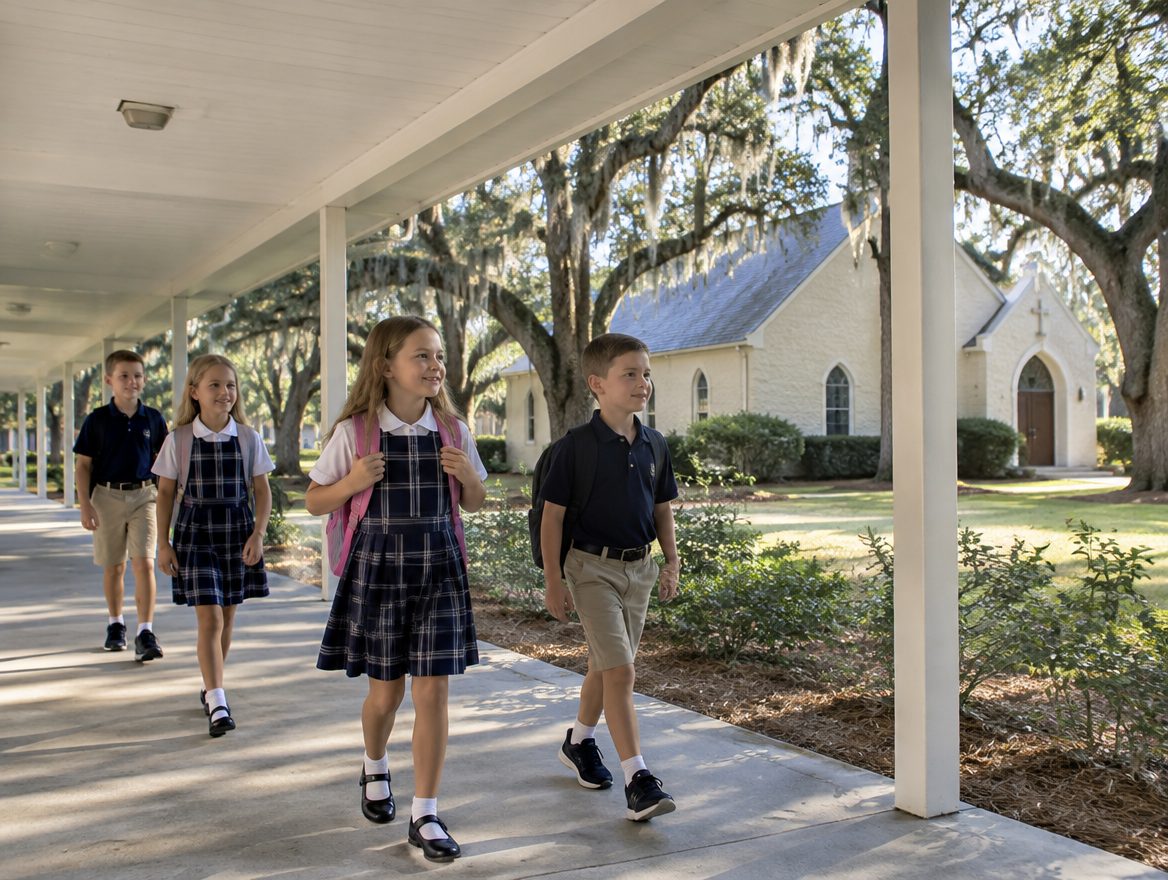 Students walking under a covered breezeway at a Florida church school
